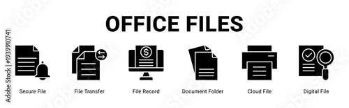 Office Files web banner icon concept,  with Secure File, File Transfer, File Record, Document Folder, Cloud File, Digital File.