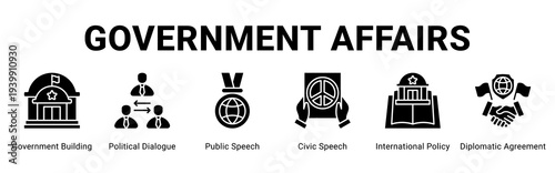Government Affairs web banner icon concept,  with Government Building, Political Dialogue, Public Speech, Civic Speech, International Policy, Diploma.
