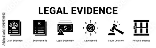 Legal Evidence web banner icon concept,  with Cash Evidence, Evidence File, Legal Document, Law Record, Court Decision, Prison Sentenc.