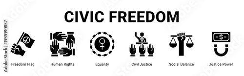 Civic Freedom web banner icon concept,  with Freedom Flag, Human Rights, Equality, Civil Justice, Social Balance, Justice.