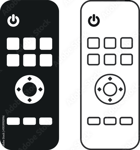 Minimalist black and white remote control with buttons and power symbol