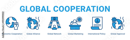 Global Cooperation web banner icon concept,  with Economic Cooperation, Global Alliance, Global Network, Global Marketing, International Policy, Global Approva.