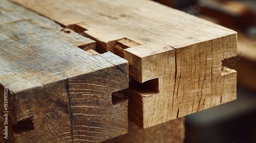 dovetail. Two wooden boards joined with dovetail joints on a workbench. tutorial guides, club newsletters, designed for tourism and weekend activity guides and sports & leisure club marketing.