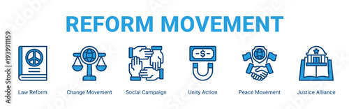 Reform Movement web banner icon concept,  with Law Reform, Change Movement, Social Campaign, Unity Action, Peace Movement, Justice Allianc.