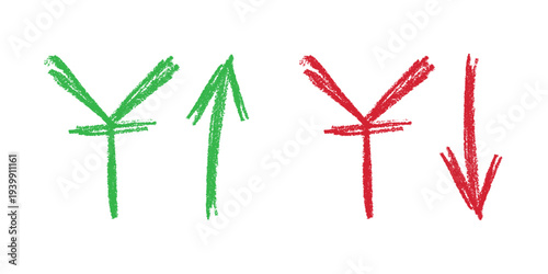 Hand drawn chinese yuan currency symbol Growth and fall profit with arrow up and down Brush stroke doodle Element for design