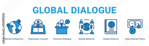 Global Dialogue web banner icon concept,  with World Conference, Diplomatic Council, Political Dialogue, Global Network, Global Alliance, Interna.
