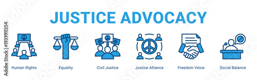 Justice Advocacy web banner icon concept,  with Human Rights, Equality, Civil Justice, Justice Alliance, Freedom Voice, Social Balance.