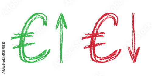 Hand drawn euro currency symbol Growth and fall profit with arrow up and down Brush stroke doodle Element for design