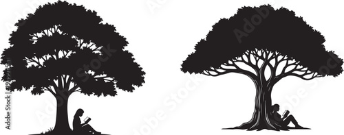 Person Reading Book Under Tree Silhouette – Peaceful Nature Study and Relaxation Concept, Two people reading under trees silhouette