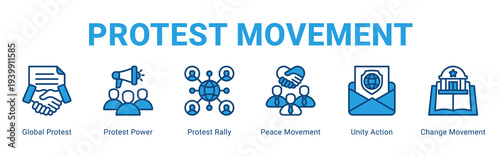 Protest Movement web banner icon concept,  with Global Protest, Protest Power, Protest Rally, Peace Movement, Unity Action, Change Movemen.
