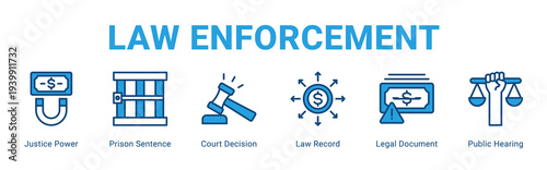 Law Enforcement web banner icon concept,  with Justice Power, Prison Sentence, Court Decision, Law Record, Legal Document, Public Hearing.