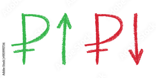 Hand drawn russian ruble currency symbol Growth and fall profit with arrow up and down Brush stroke doodle Element for design