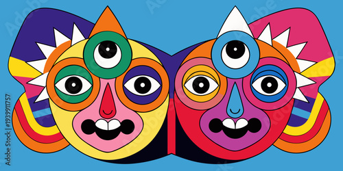 Two colorful abstract surreal faces illustration
