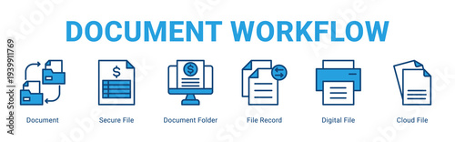 Document Workflow web banner icon concept,  with Document, Secure File, Document Folder, File Record, Digital File, Cloud File.