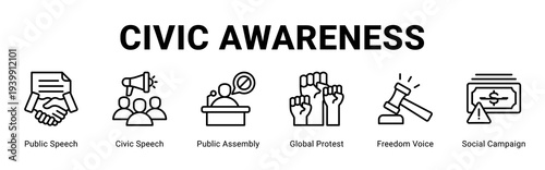 Civic Awareness web banner icon concept,  with Public Speech, Civic Speech, Public Assembly, Global Protest, Freedom Voice, Social Campaig.