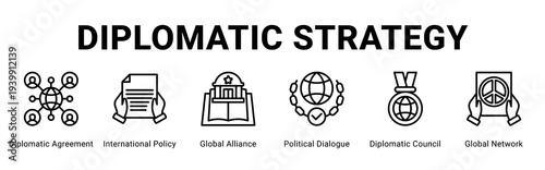 Diplomatic Strategy web banner icon concept,  with Diplomatic Agreement, International Policy, Global Alliance, Political Dialogue, Diplomatic Council, Global Network.