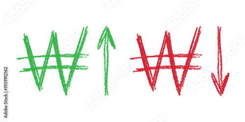 Hand drawn won currency symbol Growth and fall profit with arrow up and down Brush stroke doodle Element for design