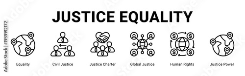 Justice Equality web banner icon concept,  with Equality, Civil Justice, Justice Charter, Global Justice, Human Rights, Justice Power.