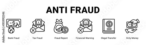 Anti Fraud web banner icon concept,  with Bank Fraud, Tax Fraud, Fraud Report, Financial Warning, Illegal Transfer, Dirty Money.
