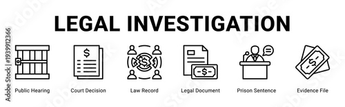 Legal Investigation web banner icon concept,  with Public Hearing, Court Decision, Law Record, Legal Document, Prison Sentence, Evidence File.