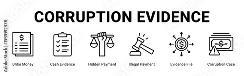 Corruption Evidence web banner icon concept,  with Bribe Money, Cash Evidence, Hidden Payment, Illegal Payment, Evidence File, Corruption Case.