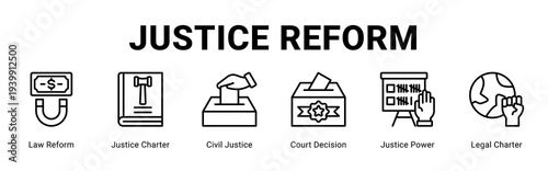 Justice Reform web banner icon concept,  with Law Reform, Justice Charter, Civil Justice, Court Decision, Justice Power, Legal Charter.