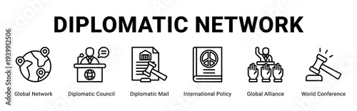 Diplomatic Network web banner icon concept,  with Global Network, Diplomatic Council, Diplomatic Mail, International Policy, Global Alliance, World Confere.