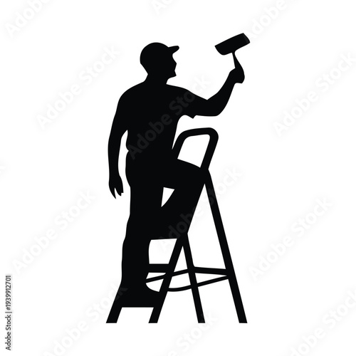 Silhouette of a person painting on a ladder black