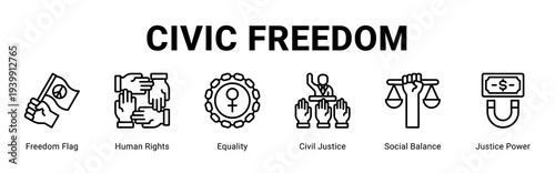 Civic Freedom web banner icon concept,  with Freedom Flag, Human Rights, Equality, Civil Justice, Social Balance, Justice.