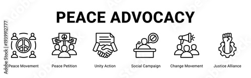 Peace Advocacy web banner icon concept,  with Peace Movement, Peace Petition, Unity Action, Social Campaign, Change Movement, Justice.