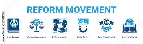 Reform Movement web banner icon concept,  with Law Reform, Change Movement, Social Campaign, Unity Action, Peace Movement, Justice Allianc.