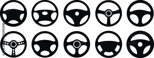 Ten black and white car steering wheels in a row vehicle