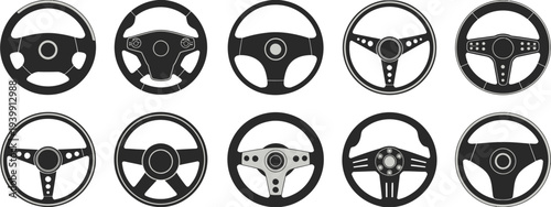 Ten black and white steering wheels in a grid arrangement