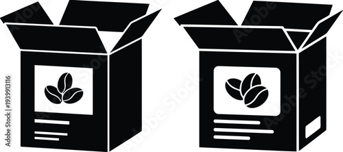 Two black open boxes with coffee bean on the front