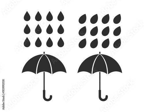 Two black umbrellas under falling raindrops in minimalist style