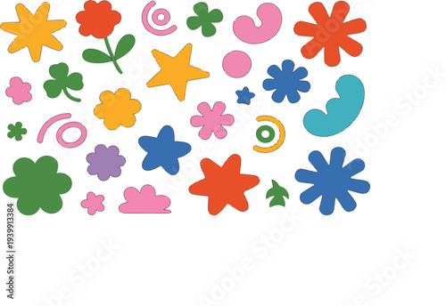 Abstract Clouds and Flowers Sticker Set with Groovy Shapes, Bubbles and Stars in Flat Style