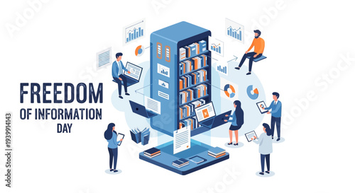 Illustration of people interacting with a large computer and documents, celebrating Freedom of Information Day with a concept of public access to information and government transparency.