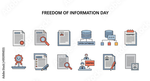 Illustration of Freedom of Information Day icons depicting documents, search, and transparency concepts on a white background.