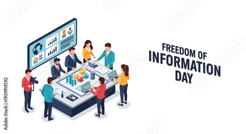 Illustration of people collaborating around a large computer screen on Freedom of Information Day with a design concept promoting government transparency and public access to information.