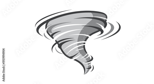 Black and white illustration of a tornado with swirling winds.
