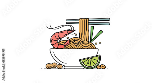 Illustration of a bowl of noodles with shrimp and chopsticks.