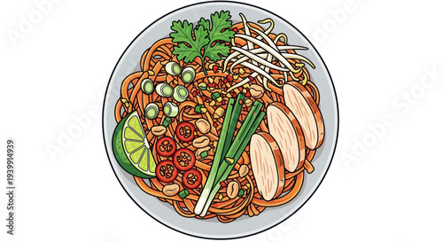 A vibrant illustration of a classic Pad Thai dish with chicken, noodles, lime, peanuts, and fresh herbs, served on a white plate.