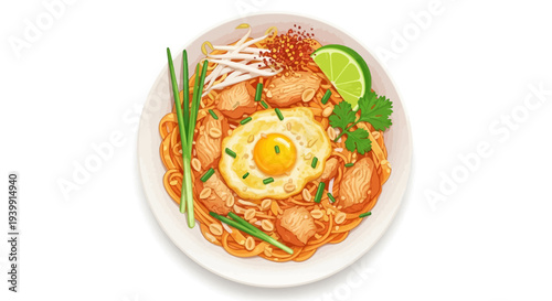 A vibrant illustration of a classic Pad Thai dish with chicken, fried egg, noodles, and fresh garnishes on a white plate.