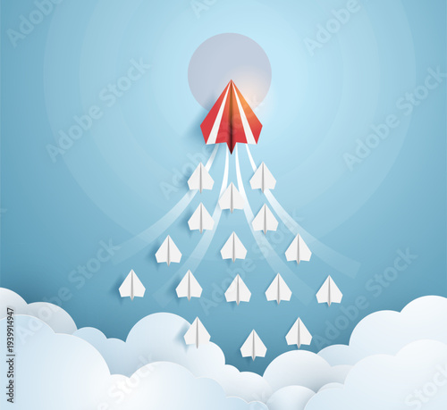 Minimal paper art illustration of a red leader paper airplane flying upward ahead of a team of white paper planes in formation above soft clouds, symbolizing leadership, teamwork, vision, growth, dire