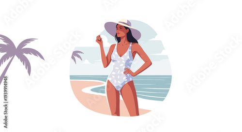A stylish woman in a white swimsuit and sun hat standing on a sandy beach with palm trees and the ocean in the background, vector illustration.