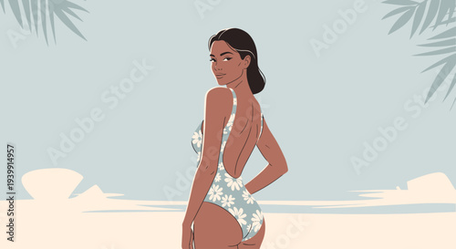 Illustration of a woman in a floral swimsuit on a beach, looking over her shoulder with palm leaves in the background.