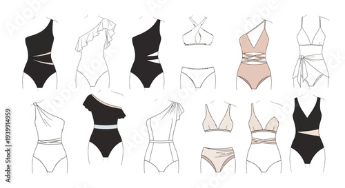 Fashion illustrations of various women's swimwear designs including one-piece swimsuits and two-piece bikinis with different styles and details.