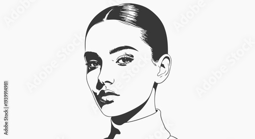 A minimalist black and white vector illustration of a woman's face with a serious expression and slicked-back hair.