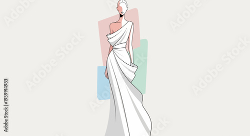 A detailed fashion illustration of a woman in an elegant white one-shoulder draped gown with abstract colored background elements.