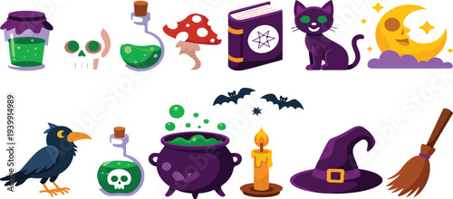 Witchcraft magic items cartoon sticker set with witch hat black cat crow cauldron potion bottles and Halloween-themed vector illustrations